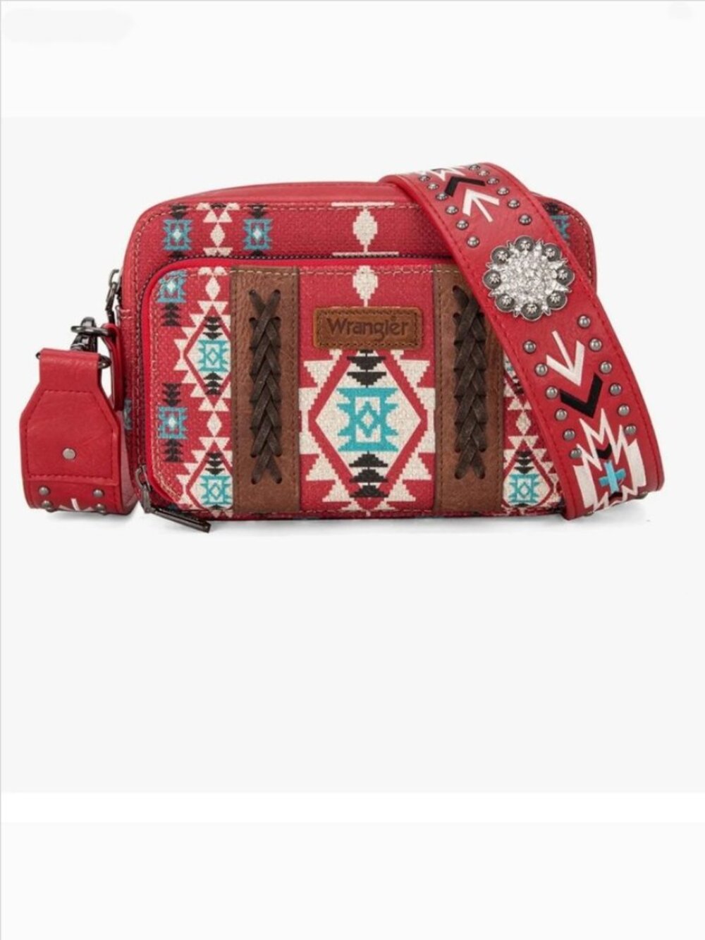 Wrangler Red Southwestern Patterned Crossbody with Studded Strap